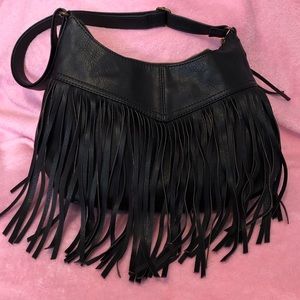 Black leather fringe purse